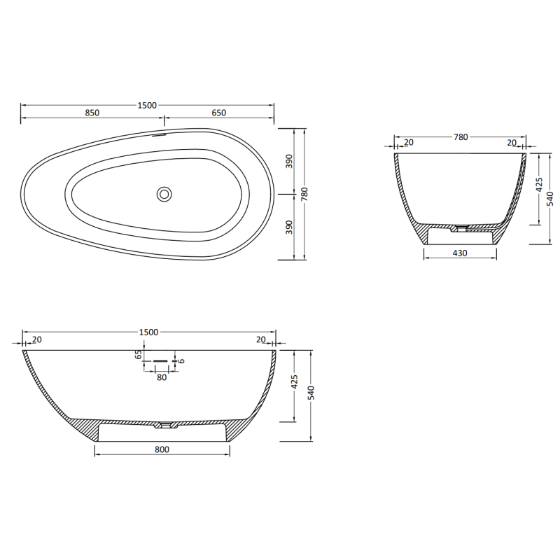 Mexen Palermo bañera exenta de conglomerado 150 x 78 cm, blanco mate - 57211507800