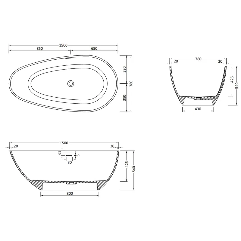 Mexen Palermo freistehende Badewanne aus Konglomerat 150 x 78 cm, schwarz matt - 57211507870