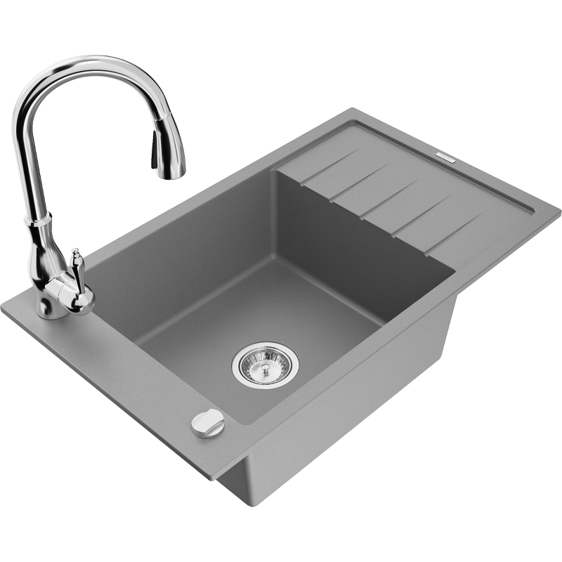 Mexen Elias fregadero de granito de 1 cubeta con escurridor y grifo de cocina Savita, gris - 6511-71-672601-00