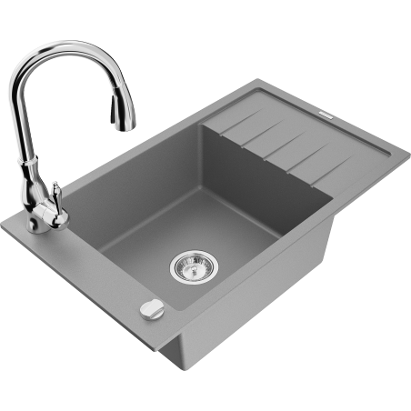Mexen Elias fregadero de granito de 1 seno con escurridor y grifo de cocina Savita, gris - 6511-71-672601-00