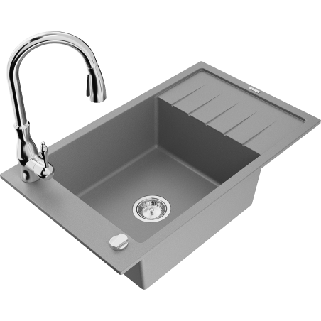Mexen Elias granite sink 1-bowl with drainer and Savita kitchen tap, grey - 6511-71-672601-00