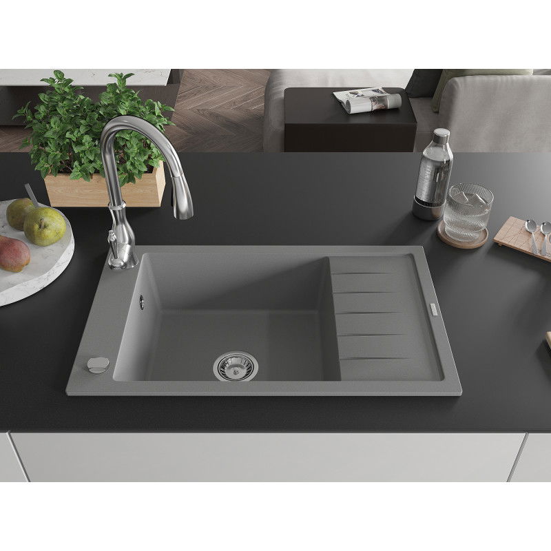 Mexen Elias granite sink 1-bowl with drainer and Savita kitchen tap, grey - 6511-71-672601-00