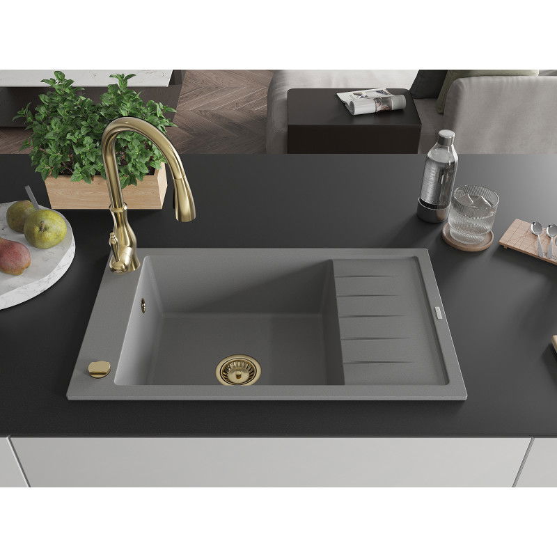 Mexen Elias 1-bowl granite kitchen sink with drainer and Savita kitchen tap, grey - 6511-71-672601-50
