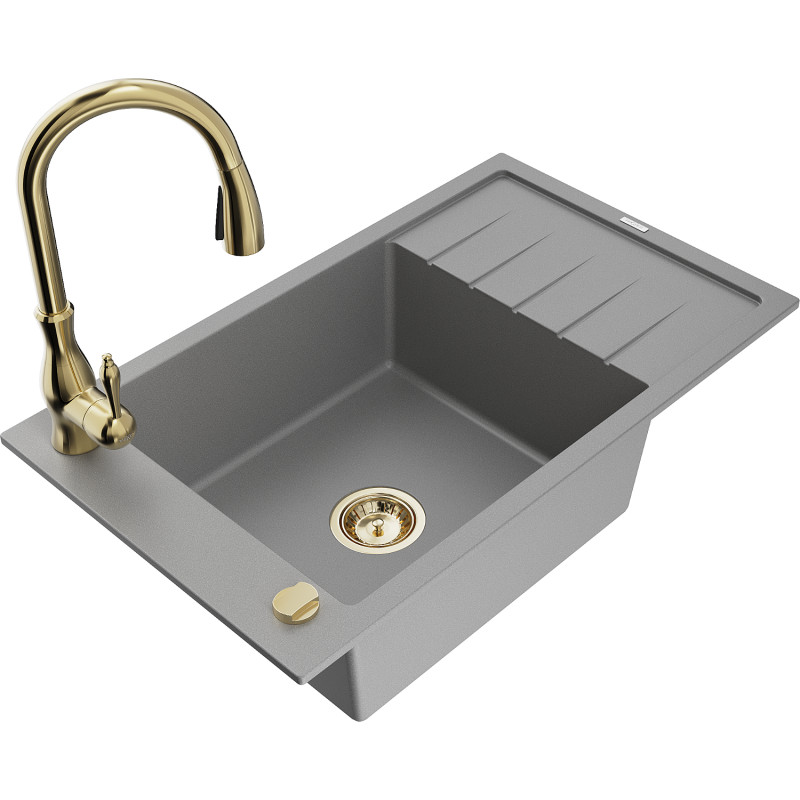 Mexen Elias 1-bowl granite kitchen sink with drainer and Savita kitchen tap, grey - 6511-71-672601-50