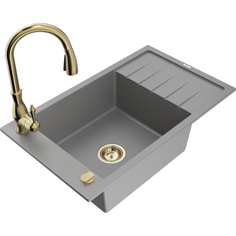 Mexen Elias fregadero de granito de 1 compartimento con escurridor y grifo de cocina Savita, gris - 6511-71-672601-50