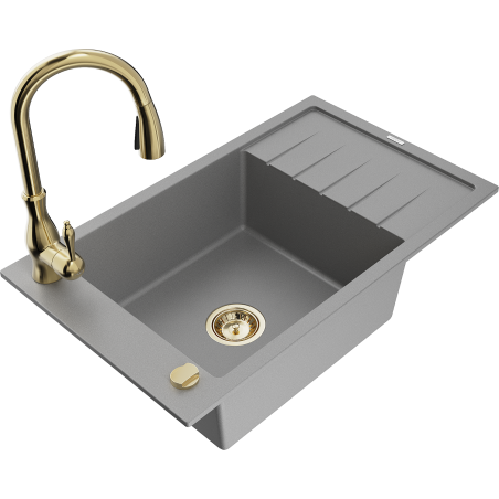 Mexen Elias granite sink with 1 basin with drainer and Savita kitchen faucet, gray - 6511-71-672601-50