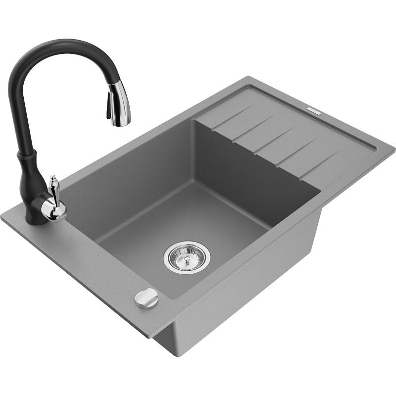 Mexen Elias fregadero de granito 1-cubeta con escurridor y grifo de cocina Savita, gris - 6511-71-672601-70