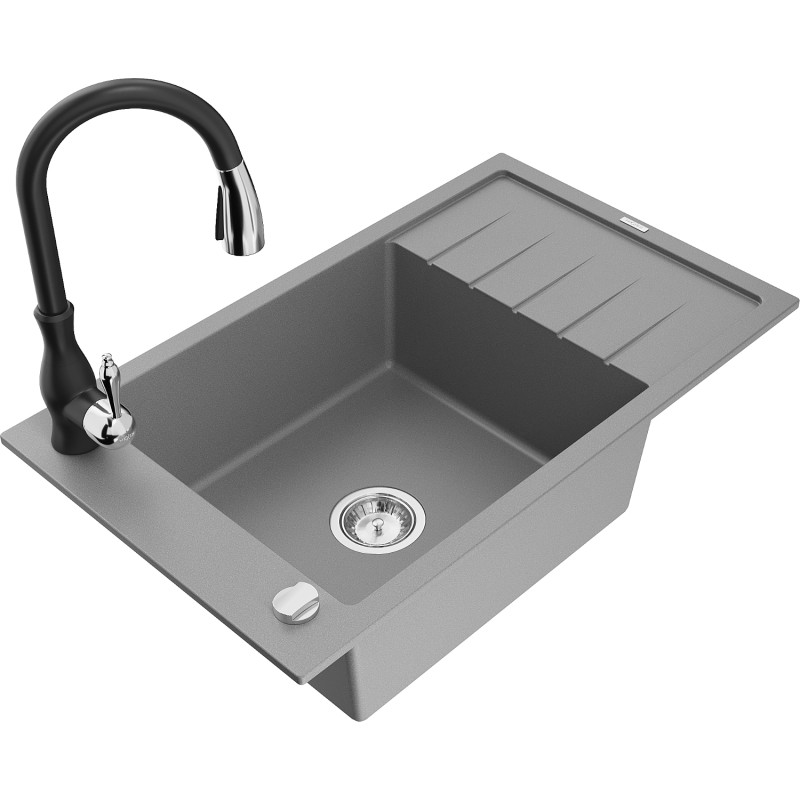 Mexen Elias fregadero de granito de 1 cubeta con escurridor y grifo de cocina Savita, gris - 6511-71-672601-70