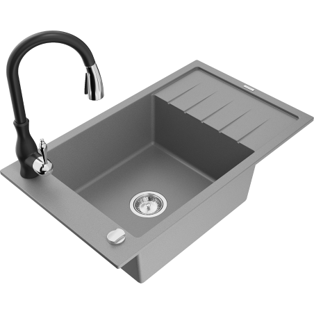 Mexen Elias 1-bowl granite kitchen sink with drainer and Savita kitchen faucet, gray - 6511-71-672601-70