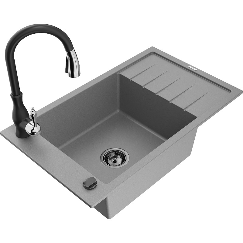 Mexen Elias fregadero de granito de 1 cubeta con escurridor y grifo de cocina Savita, gris - 6511-71-672601-70-B