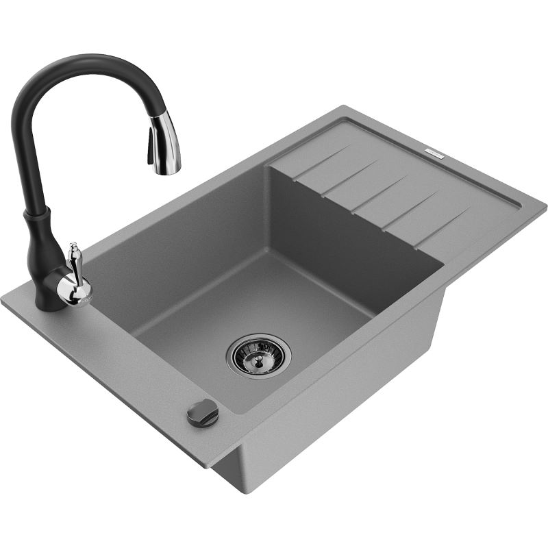 Mexen Elias lava-loiça de granito 1-cuba com escorredor e torneira de cozinha Savita, cinza - 6511-71-672601-70-B