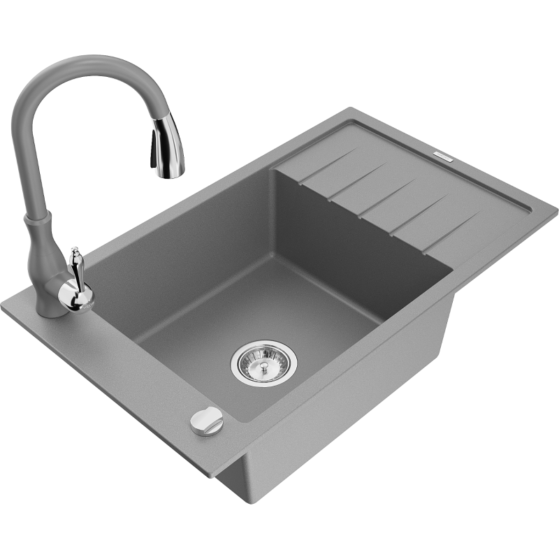 Mexen Elias fregadero de granito de 1 cubeta con escurridor y grifo de cocina Savita, gris - 6511-71-672601-71