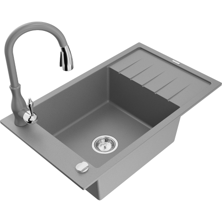 Mexen Elias 1-kameras granīta izlietne ar noteces vietu un virtuves jaucējkrānu Savita, pelēka - 6511-71-672601-71