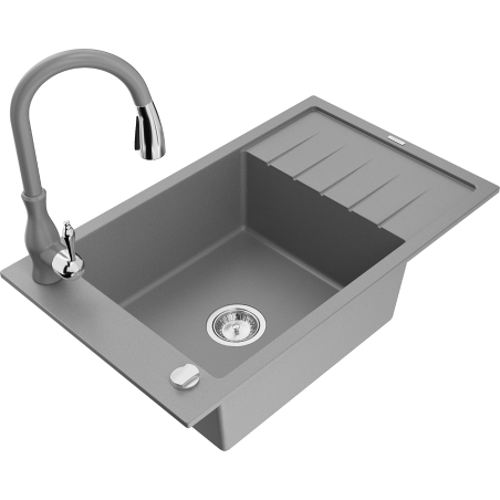 Mexen Elias fregadero de granito de 1 cubeta con escurridor y grifo de cocina Savita, gris - 6511-71-672601-71