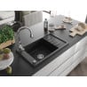 Mexen Elias 1-bowl granite sink with drainer and Savita kitchen tap, black/silver metallic- 6511-73-672601-00
