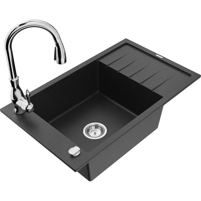 Mexen Elias 1-bowl granite sink with drainer and Savita kitchen tap, black/silver metallic- 6511-73-672601-00