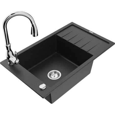 Mexen Elias 1-bowl granite sink with drainer and Savita kitchen tap, black/silver metallic- 6511-73-672601-00