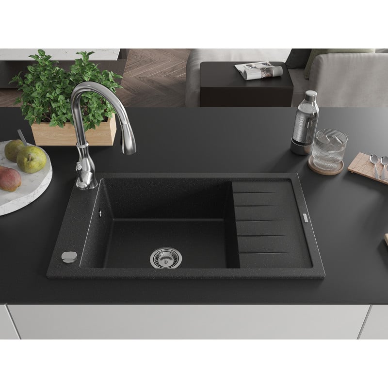 Mexen Elias 1-bowl granite sink with drainer and Savita kitchen tap, black/silver metallic- 6511-73-672601-00