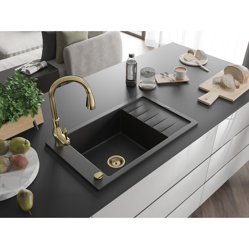 Mexen Elias Granitspüle ein Becken mit Abtropffläche und Küchenarmatur Savita, schwarz/silber metallic - 6511-73-672601-50