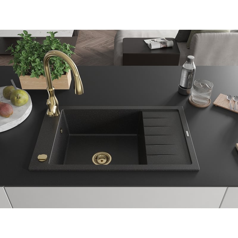 Mexen Elias granitische gootsteen 1-komorige met afdruiprek en keukenkraan Savita, zwart/zilveren metallic - 6511-73-672601-50