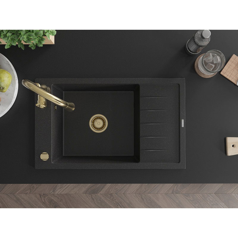 Mexen Elias Granitspüle 1-Becken mit Abtropffläche und Küchenarmatur Savita, schwarz/silber metallic- 6511-73-672601-50