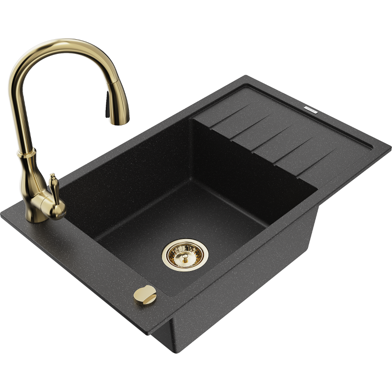 Mexen Elias lava-loiça de granito de 1 cuba com escorredor e torneira de cozinha Savita, preto/prateado metálico