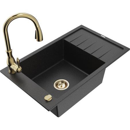 Mexen Elias fregadero de granito de 1 cubeta con escurridor y grifo de cocina Savita, negro/plateado metálico