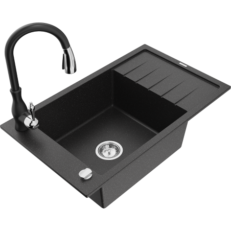 Mexen Elias fregadero de cocina de granito de 1 compartimento con escurridor y grifo de cocina Savita, negro/metálico plateado