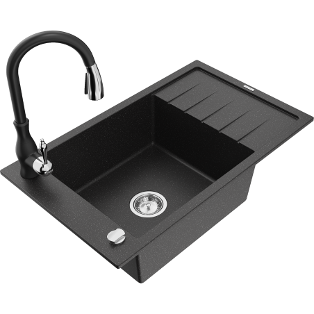 Mexen Elias granite sink single-bowl with drainer and Savita kitchen tap, black/silver metallic- 6511-73-672601-70
