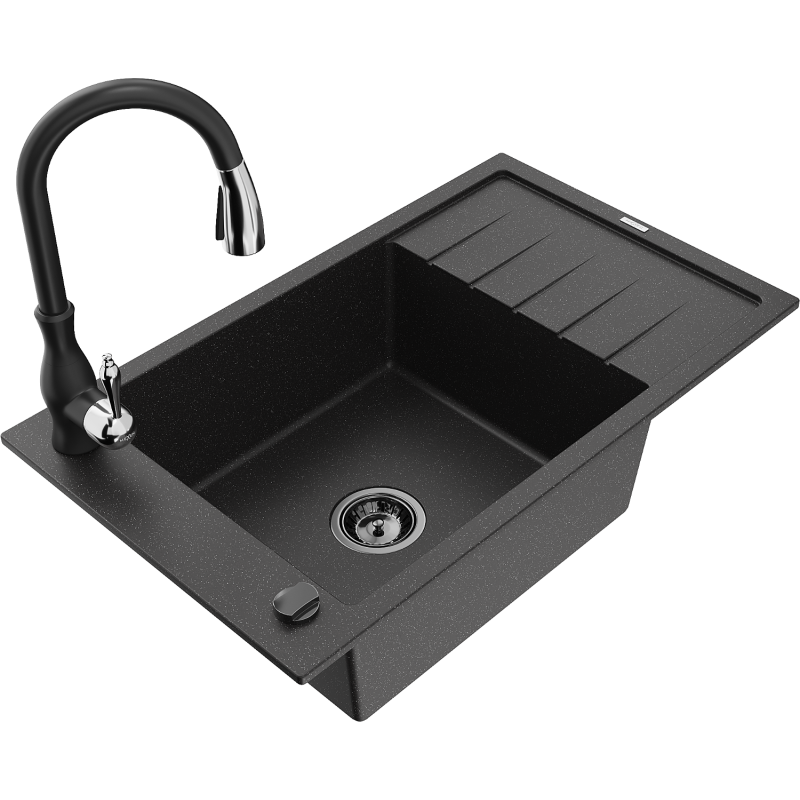 Mexen Elias Granit-Ëvier mat 1-Komero mat Drainboard a Kichenbattersavita, schwaarz/sëlwer Metalik - 6511-73-672601-70-B