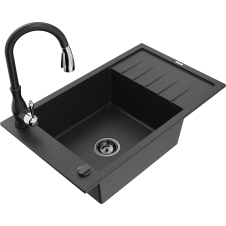 Mexen Elias Granit-Ëvier mat 1-Komero mat Drainboard a Kichenbattersavita, schwaarz/sëlwer Metalik - 6511-73-672601-70-B