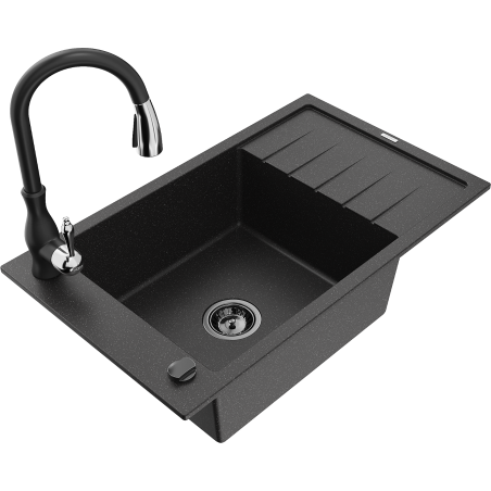Mexen Elias granite kitchen sink 1-bowl with drainer and Savita kitchen faucet, black/silver metallic - 6511-73-672601-70-B