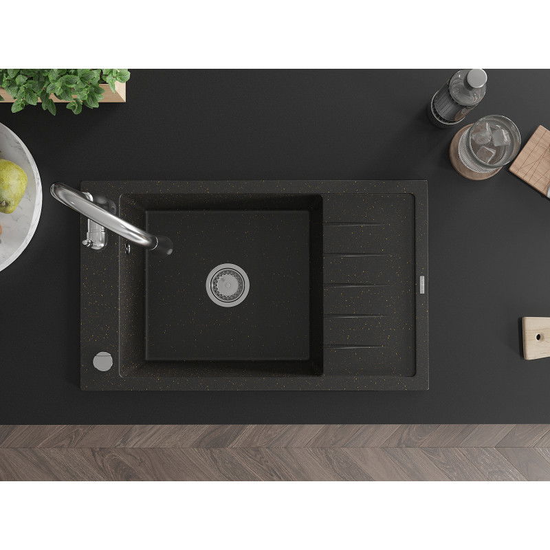 Mexen Elias lavello in granito a 1 vasca con scolapiatti e rubinetto da cucina Savita, nero/oro metallizzato- 6511-75-672601-00