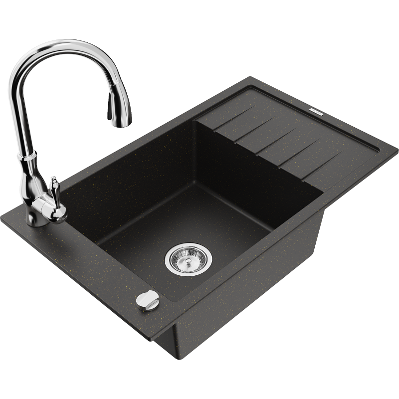 Mexen Elias granitais izlietne ar vienu nodalījumu, ar piledzi un virtuves jaucējkrānu Savita, melna/zelta metālika