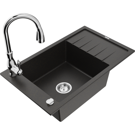Mexen Elias granite sink 1-bowl with drainer and Savita kitchen tap, black/gold metallic- 6511-75-672601-00