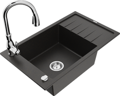 Mexen Elias granite kitchen sink with one compartment, drainer, and Savita kitchen faucet, black/golden metallic