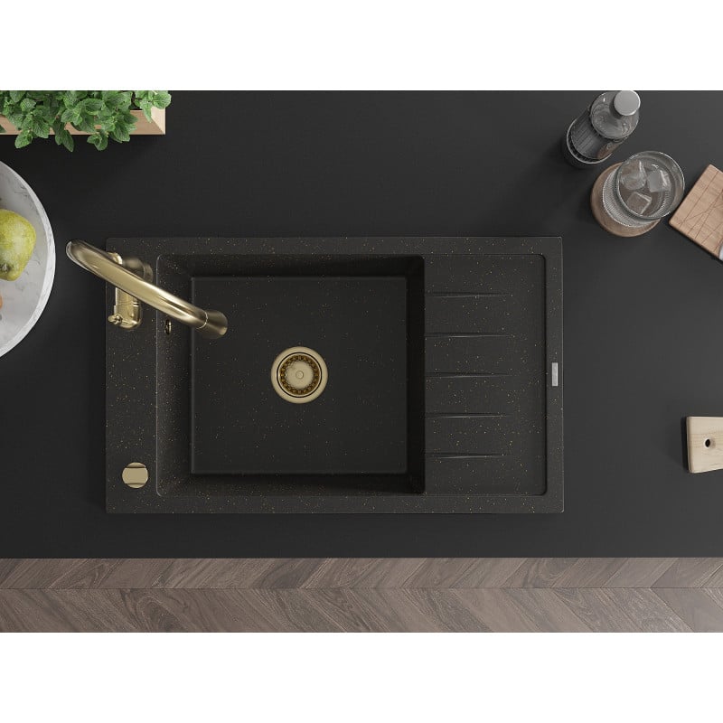 Mexen Elias fregadero de granito de 1 seno con escurridor y grifo de cocina Savita, negro/dorado metálico - 6511-75-672601-50