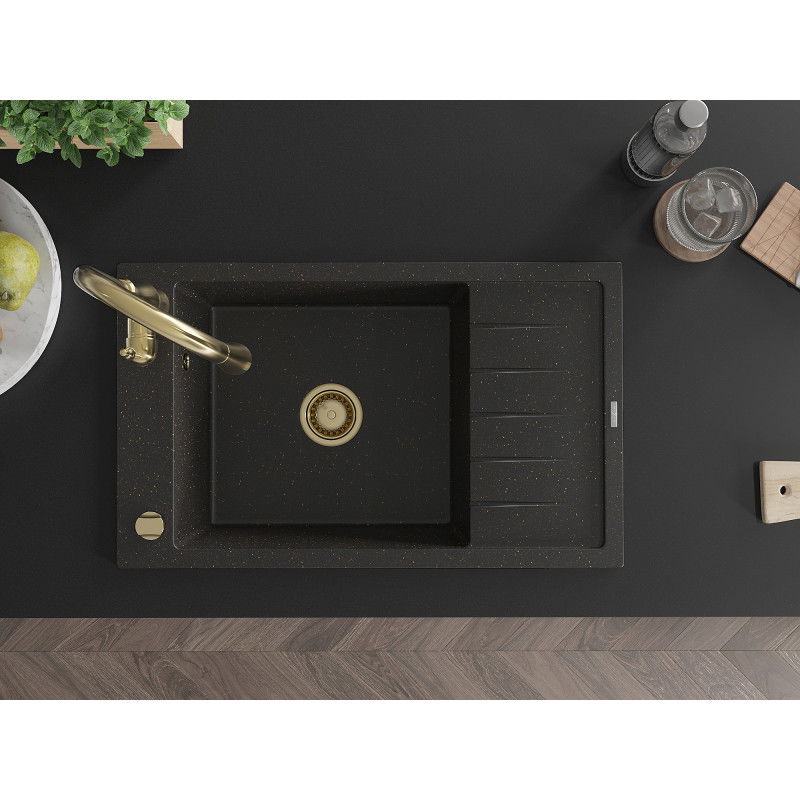 Mexen Elias Granitspüle 1-beckig mit Abtropffläche und Küchenarmatur Savita, schwarz/gold metallic - 6511-75-672601-50