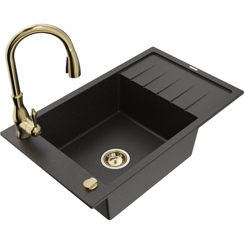 Mexen Elias granitdiskbänk 1-fack med avrinningsyta och köksblandare Savita, svart/guld metallic - 6511-75-672601-50