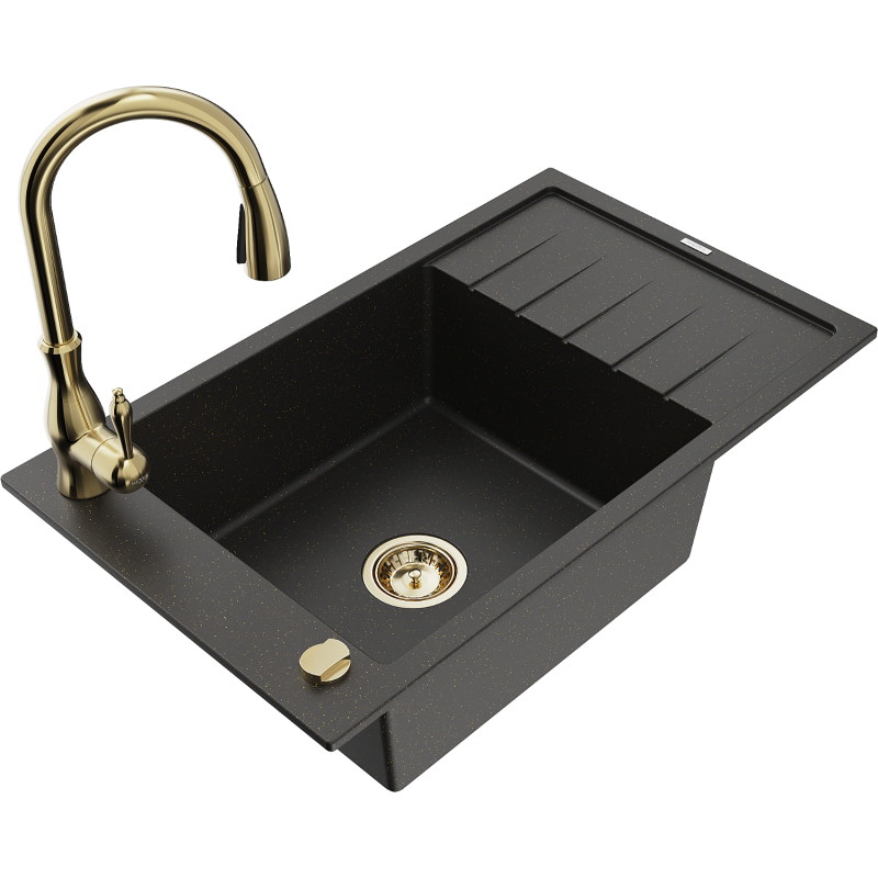 Mexen Elias granitische spoelbak met 1 bak en afdruiprek en keukenmengkraan Savita, zwart/goud metallic - 6511-75-672601-50