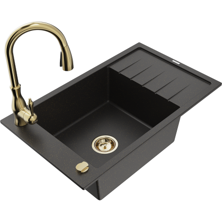 Mexen Elias granite single-bowl sink with drainer and Savita kitchen tap, black/gold metallic - 6511-75-672601-50