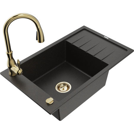 Mexen Elias Single-bowl granite kitchen sink with drainer and Savita kitchen faucet, black/golden metallic - 6511-75-672601-50