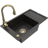 Mexen Elias granitische spoelbak met 1 bak en afdruiprek en keukenmengkraan Savita, zwart/goud metallic - 6511-75-672601-50