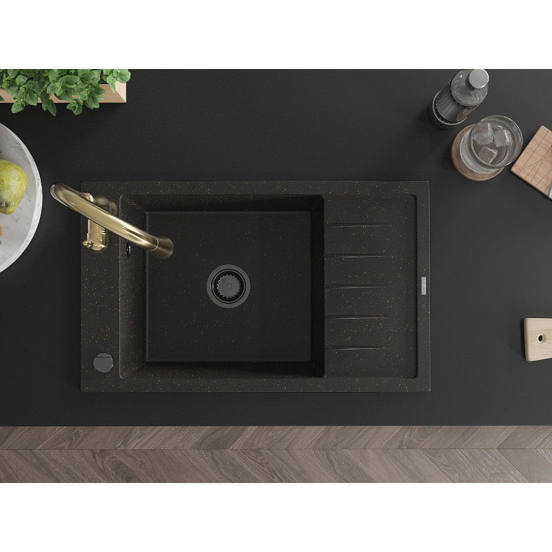 Mexen Elias granite kitchen sink 1-bowl with drainer and Savita kitchen tap, black/gold metallic - 6511-75-672601-50-B