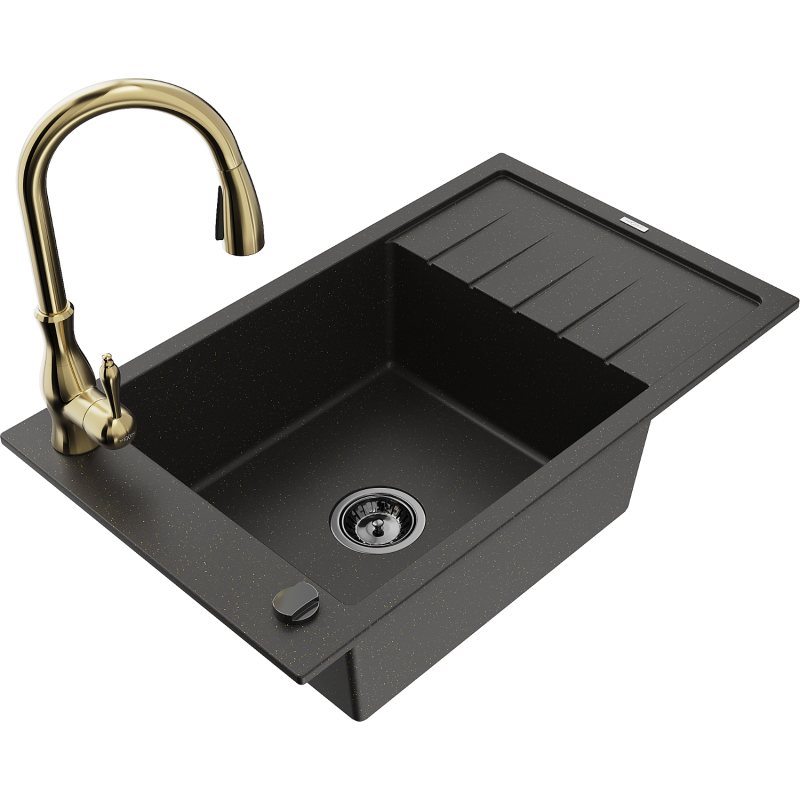 Mexen Elias granitdiskho med 1 fack med avrinningsyta och köksblandare Savita, svart/guld metallic - 6511-75-672601-50-B