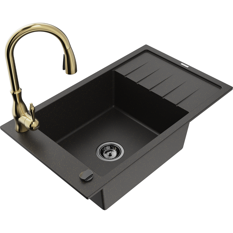 Mexen Elias granite kitchen sink 1-bowl with drainer and Savita kitchen tap, black/gold metallic - 6511-75-672601-50-B