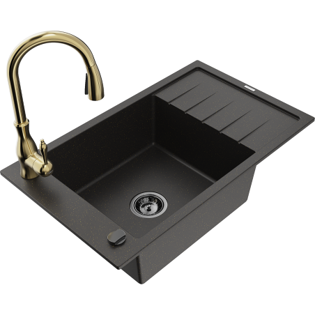 Mexen Elias granite kitchen sink 1-bowl with drainer and Savita kitchen faucet, black/gold metallic - 6511-75-672601-50-B