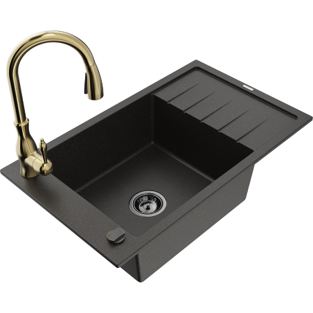 Mexen Elias granite kitchen sink 1-bowl with drainer and Savita kitchen tap, black/gold metallic - 6511-75-672601-50-B