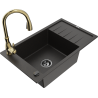 Mexen Elias granite kitchen sink 1-bowl with drainer and Savita kitchen tap, black/gold metallic - 6511-75-672601-50-B