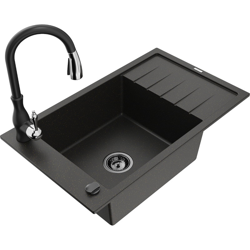 Mexen Elias 1-komorige granieten spoelbak met afdruiprek en keukenkraan Savita, zwart/gouden metallic - 6511-75-672601-70-B